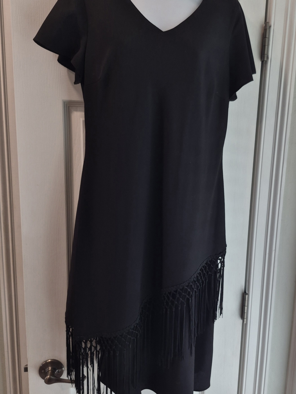 Black 1980s/90s SL Fashions V-Neck Fringe Hem Women's Dress, Sz Med